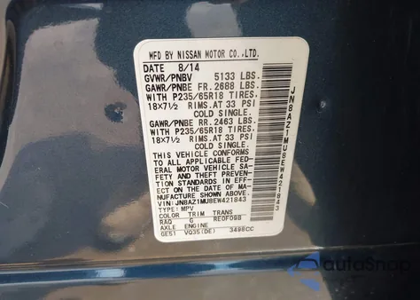 2014 Nissan Murano Sv z USA, uszkodzony, nr VIN JN8AZ1MU8EW421843